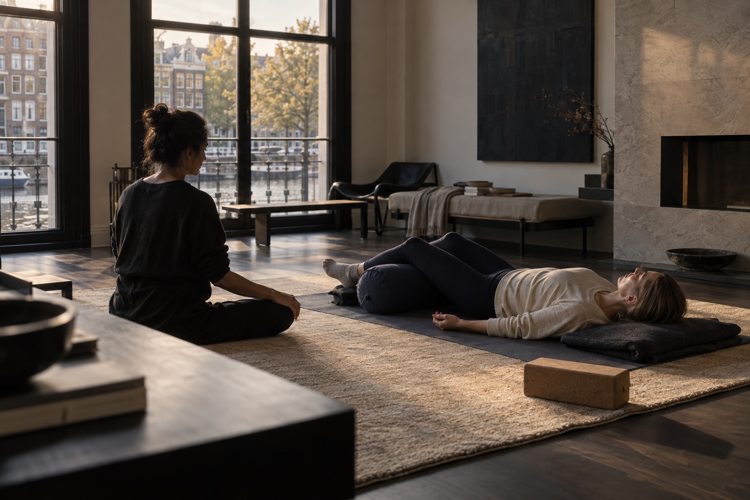 Private breath-led yoga recovery session in an Amsterdam home